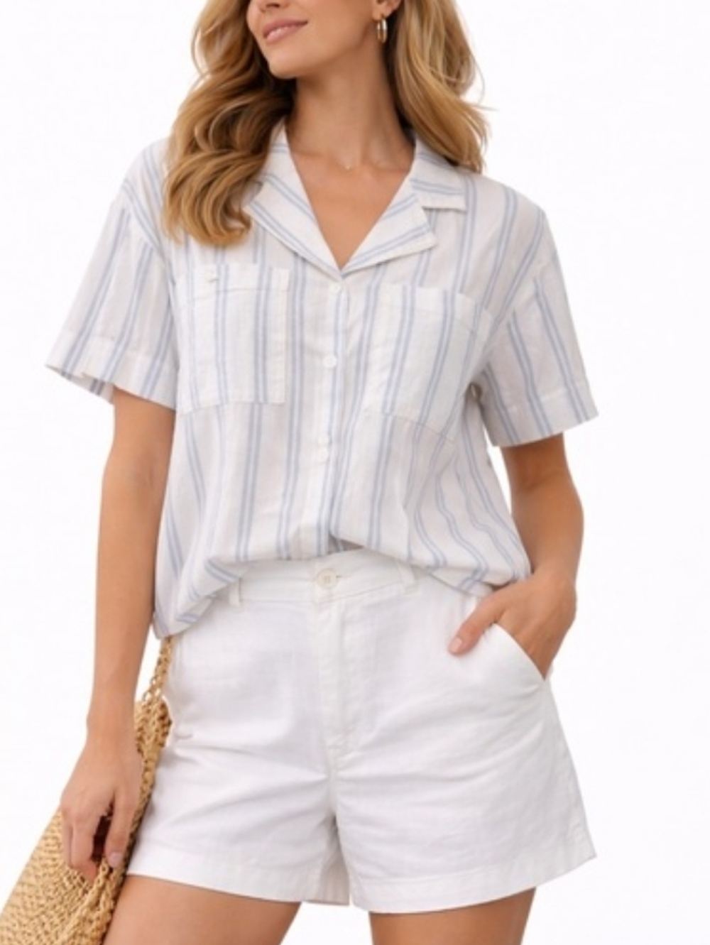 Buffalo David Bitton White and Light Blue Striped Linen-Blend Camp Shirt